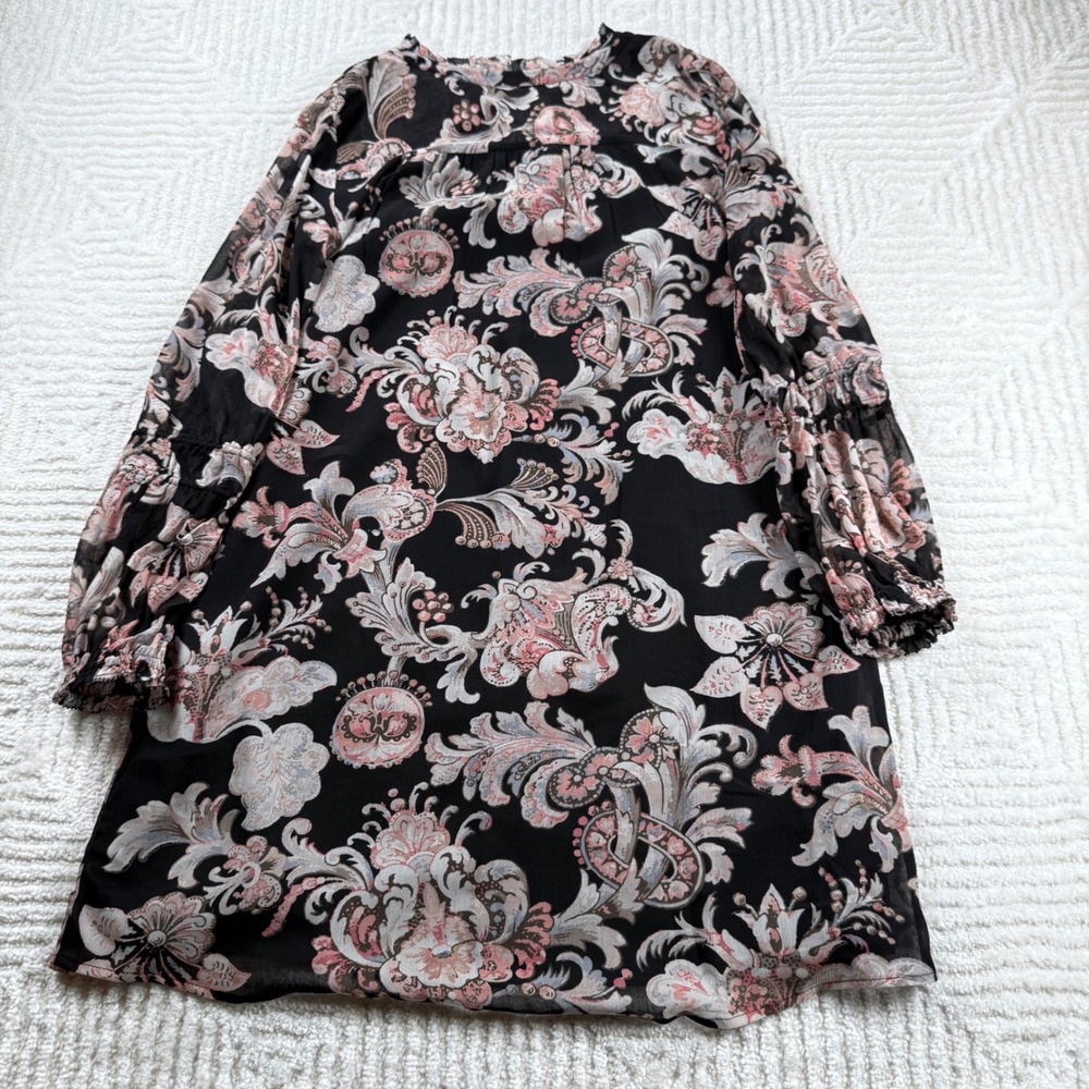 LOFT Dress Petite XXS Black Pink Floral Print Boho Sheer Sleeve Mini Brunch Date - Picture 2 of 12